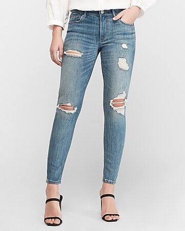 Mid Rise Medium Wash Ripped Ankle Skinny Jeans | Express