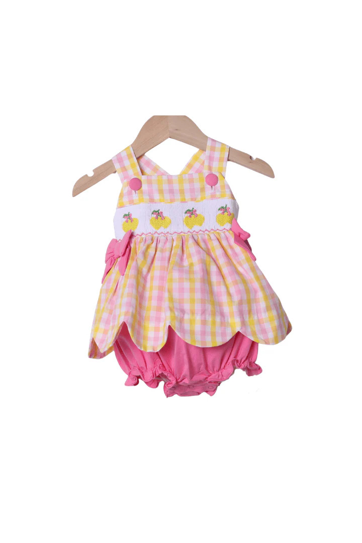 Smocked Pink Lemonade Scalloped Skirted Bubble | The Smocked Flamingo