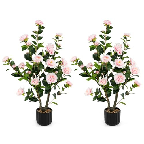 Goplus 38’’ Artificial Camellia Tree, 2 Pack Flower Plants Artificial Tree, Faux Floral Plant Blooming Tree in Cement Pot, Greenery Potted Plant for Indoor Outdoor Office Home Porch Decor | Amazon (US)