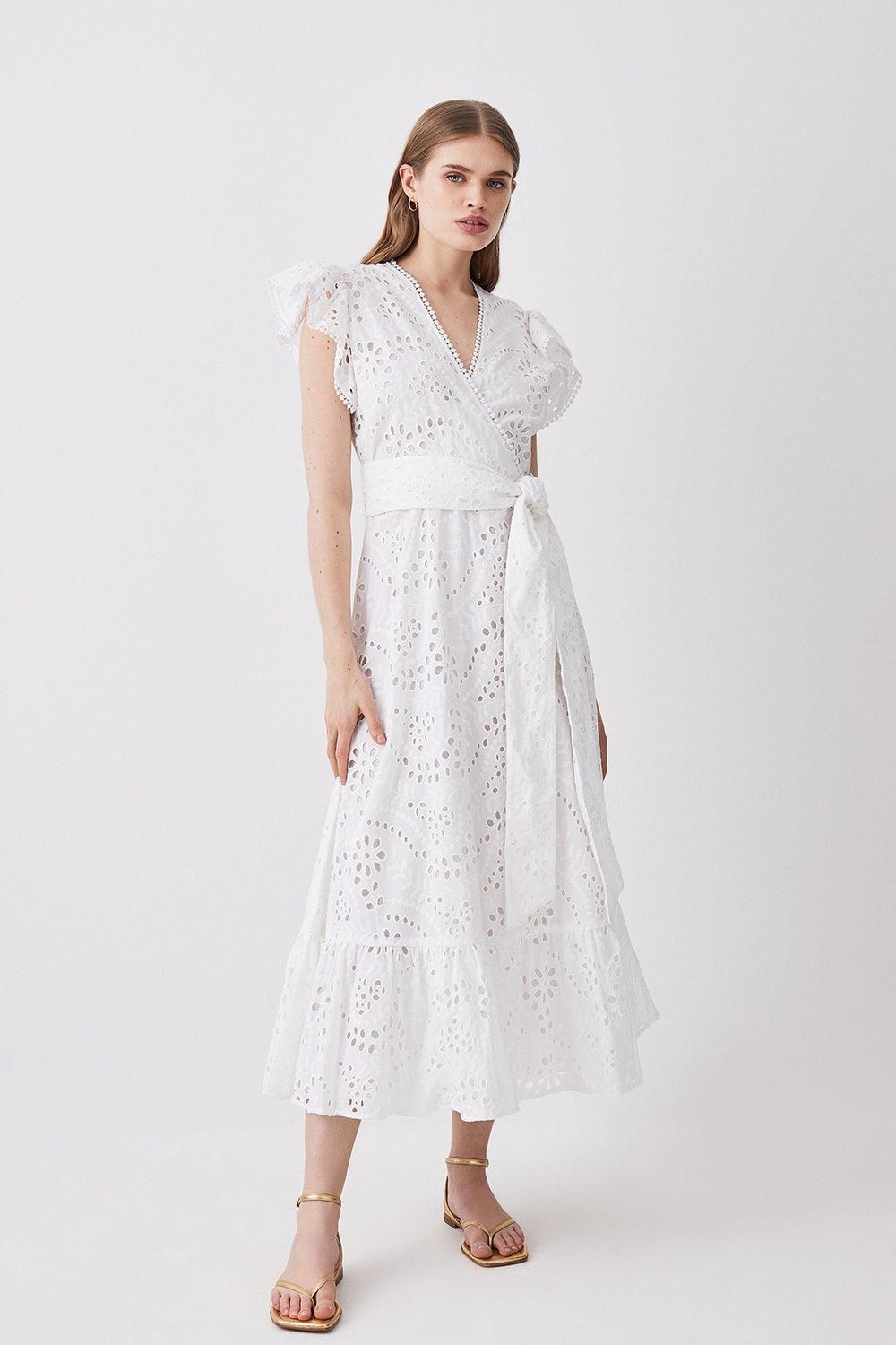 Cotton Broderie Ruffle Sleeve Belted Midi Dress | Karen Millen UK + IE + DE + NL