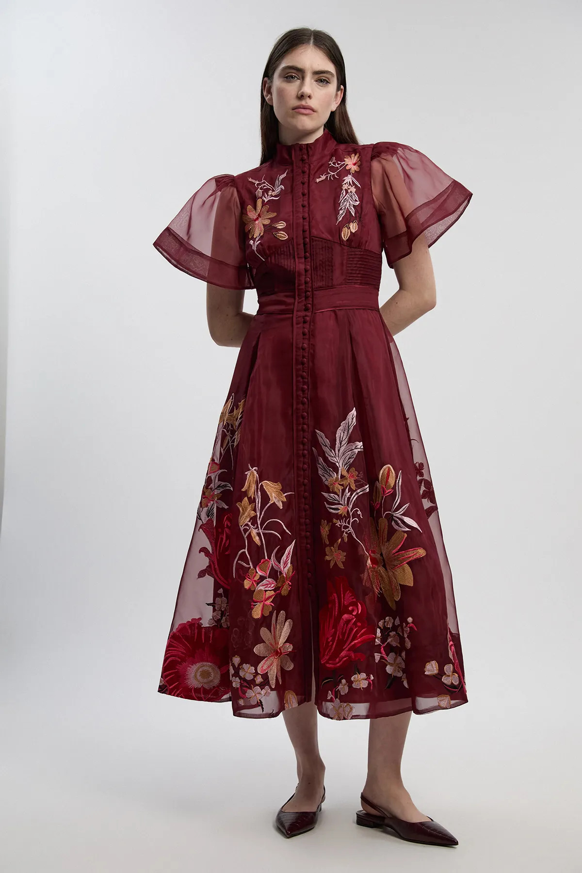 Dresses | Petite Botanical Embroidery Organdie Angel Sleeve Midi Dress | KarenMillen | Karen Millen UK + IE + DE + NL