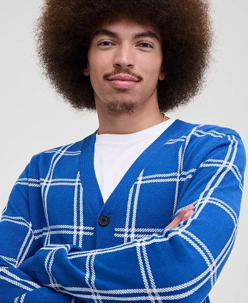 Men's Cotton Windowpane-Plaid Cardigan Sweater | Macy's