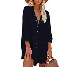 Pink Queen Women V Neck Long Sleeve Button Down Blouse Tunic Shirt Mini Dress with Pockets | Amazon (US)