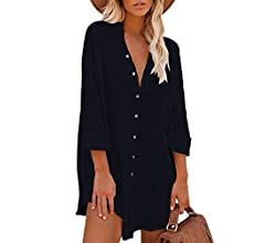 Pink Queen Women V Neck Long Sleeve Button Down Blouse Tunic Shirt Mini Dress with Pockets | Amazon (US)