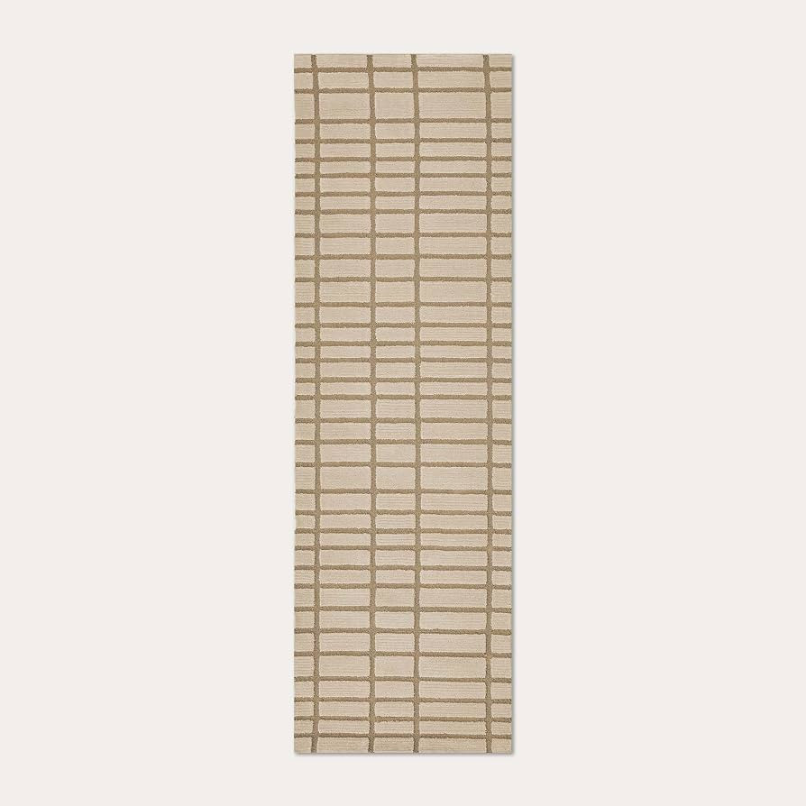 HERNEST 96x30 Inch Beige Grid Wool Runner Rug | Amazon (US)