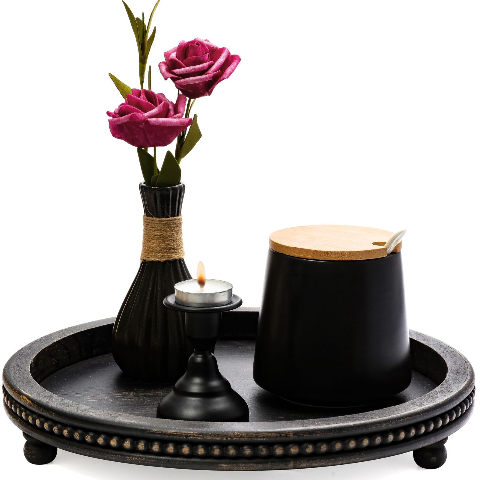KULEDM Wooden Tray Decor, Small Beaded Coffee Table Tray Decor, Black Round Decorative Tray for C... | Amazon (US)