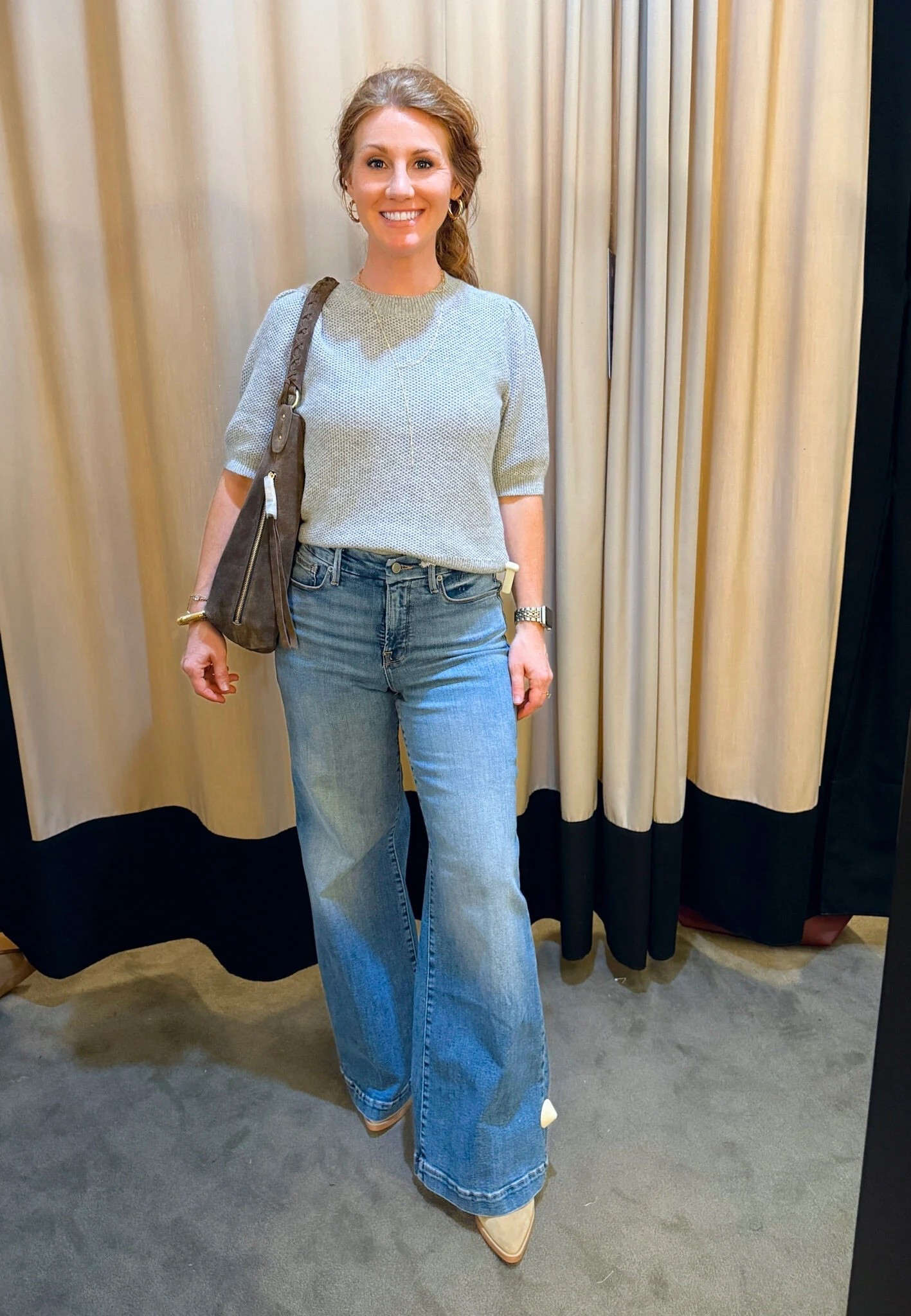 Madewell puff sleeve sweater size small | Good American Petite Palazzo Jeans Size 8P | Suede Hobo Bag | Nordstrom Anniversary Sale Picks! 

#LTKWorkwear #LTKPetite #LTKStyleTip