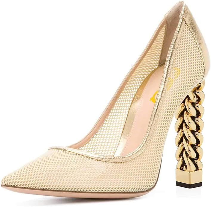 FSJ Women Gold Metal Chain Chunky High Heel Pointed Toe Slip On Fashion Pumps Shoes Size 4-15 US | Amazon (US)