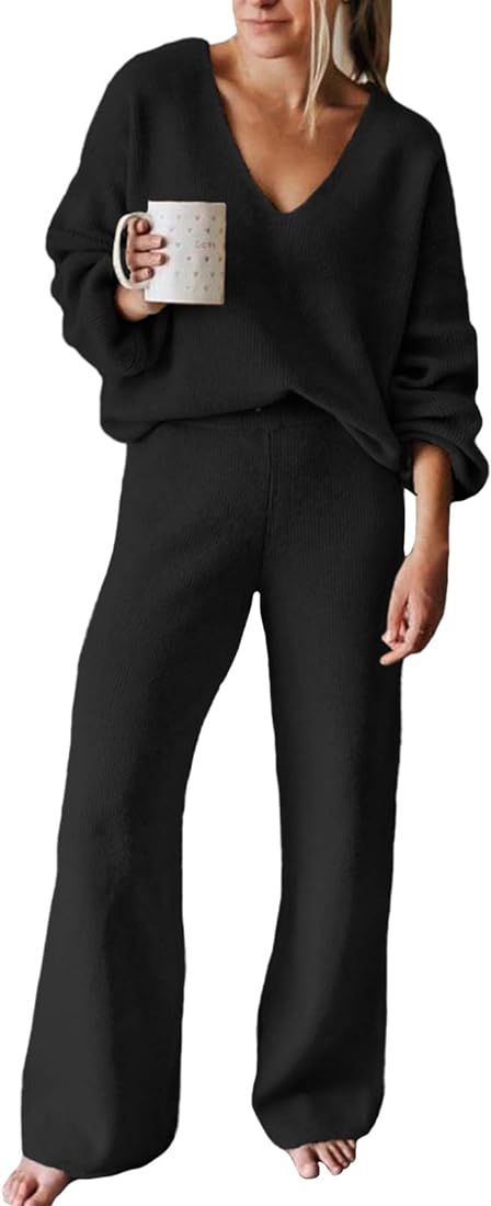 Women's 2 Piece Outfits Casual V Neck Knit Wide Leg Sweater Lounge Set Sweatsuit | Amazon (US)