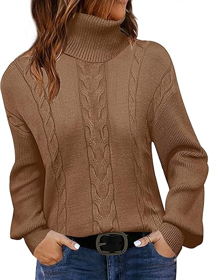 LEANI Women's 2024 Turtleneck Sweater Lantern Long Sleeve Cable Knit Pullover Sweaters Jumper | Amazon (US)