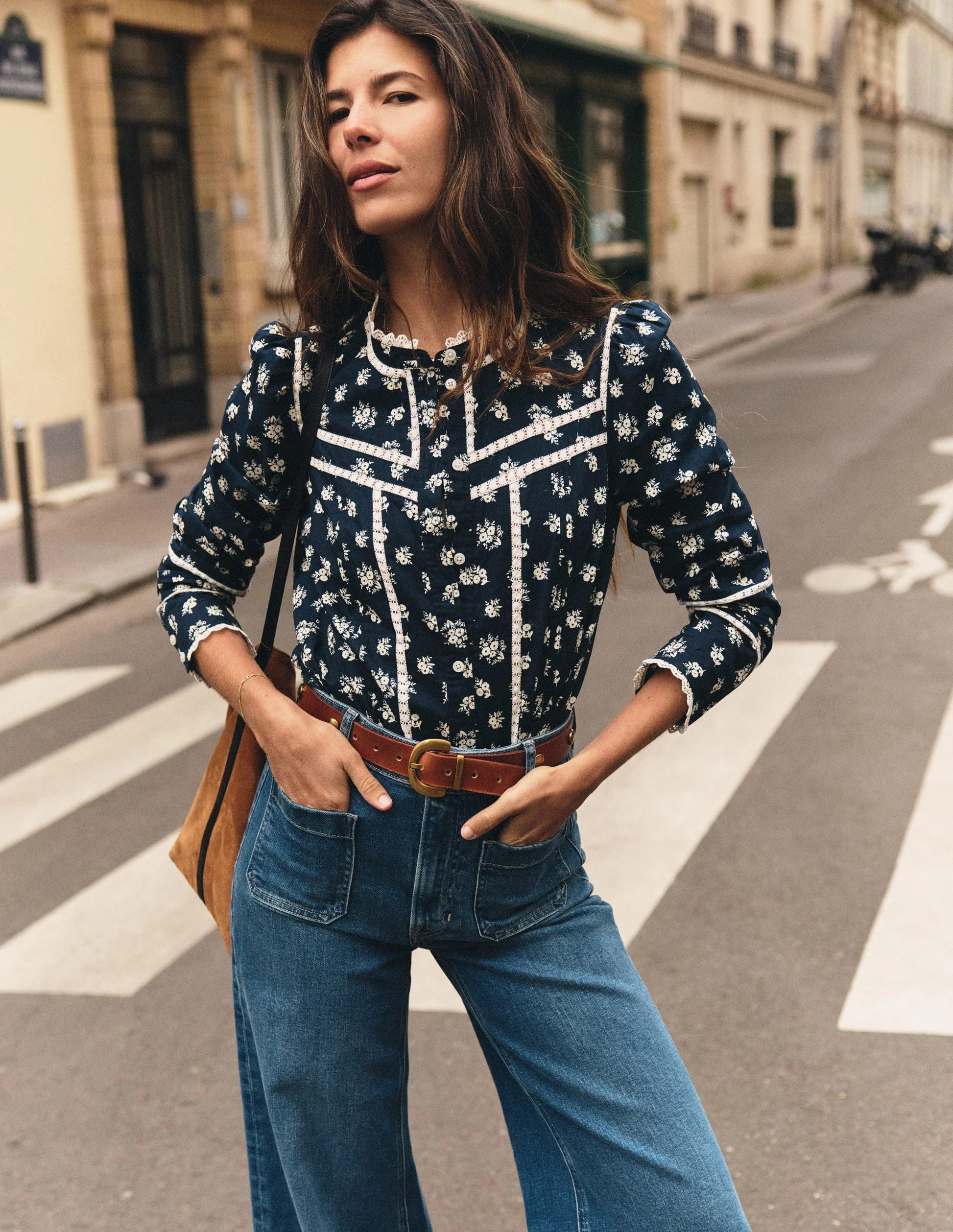 Carmen Lace Trim Cotton Top-French Navy, Delicate Garden | Boden (US)