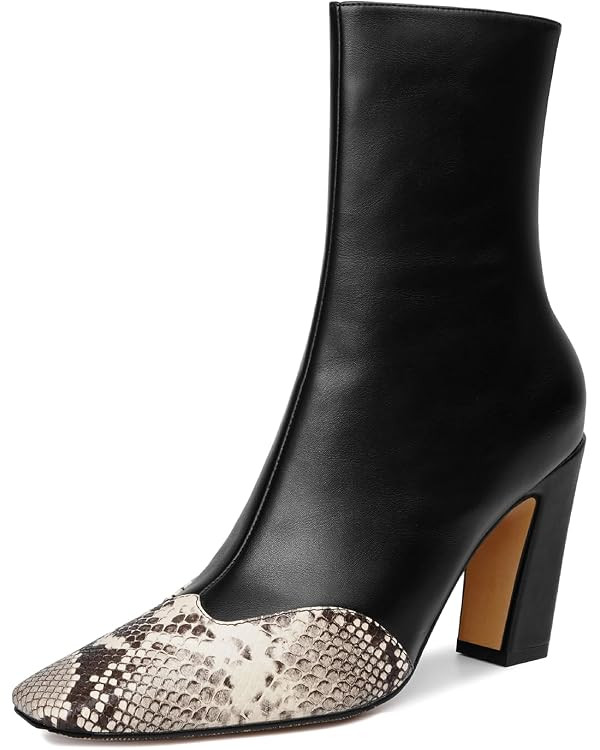 Vertundy Women's Ankle Boots Square Toe Booties High Block Chunky Heel Snakeskin Patchwork Leathe... | Amazon (US)