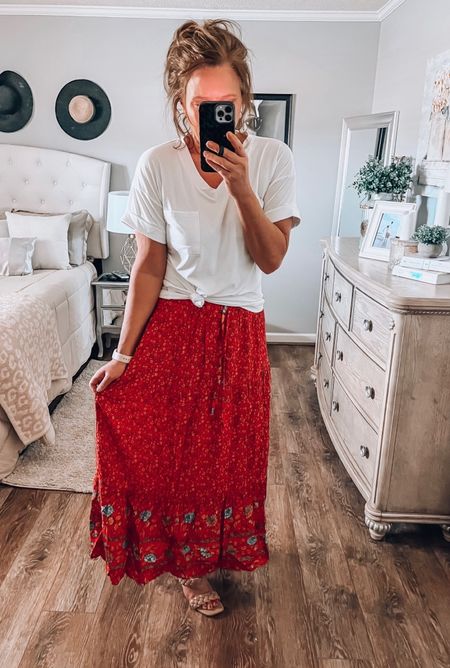 Boho maxi skirt comes in more colors, fits tts, wearing a medium for reference. Styled with a v-neck tee, fits tts, more colors. Braided heels comes in more colors. 

Skirts, maxi skirt, spring outfit, church outfit, weekend outfit, amazon fashion, Amazon finds, Easter outfit 

#LTKworkwear #LTKsalealert #LTKunder50