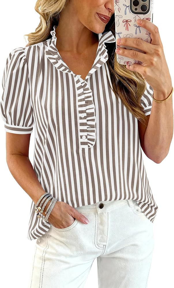 MASCOMODA Women Puff Sleeve Striped Boho Tops Plaid Shirts | Amazon (US)