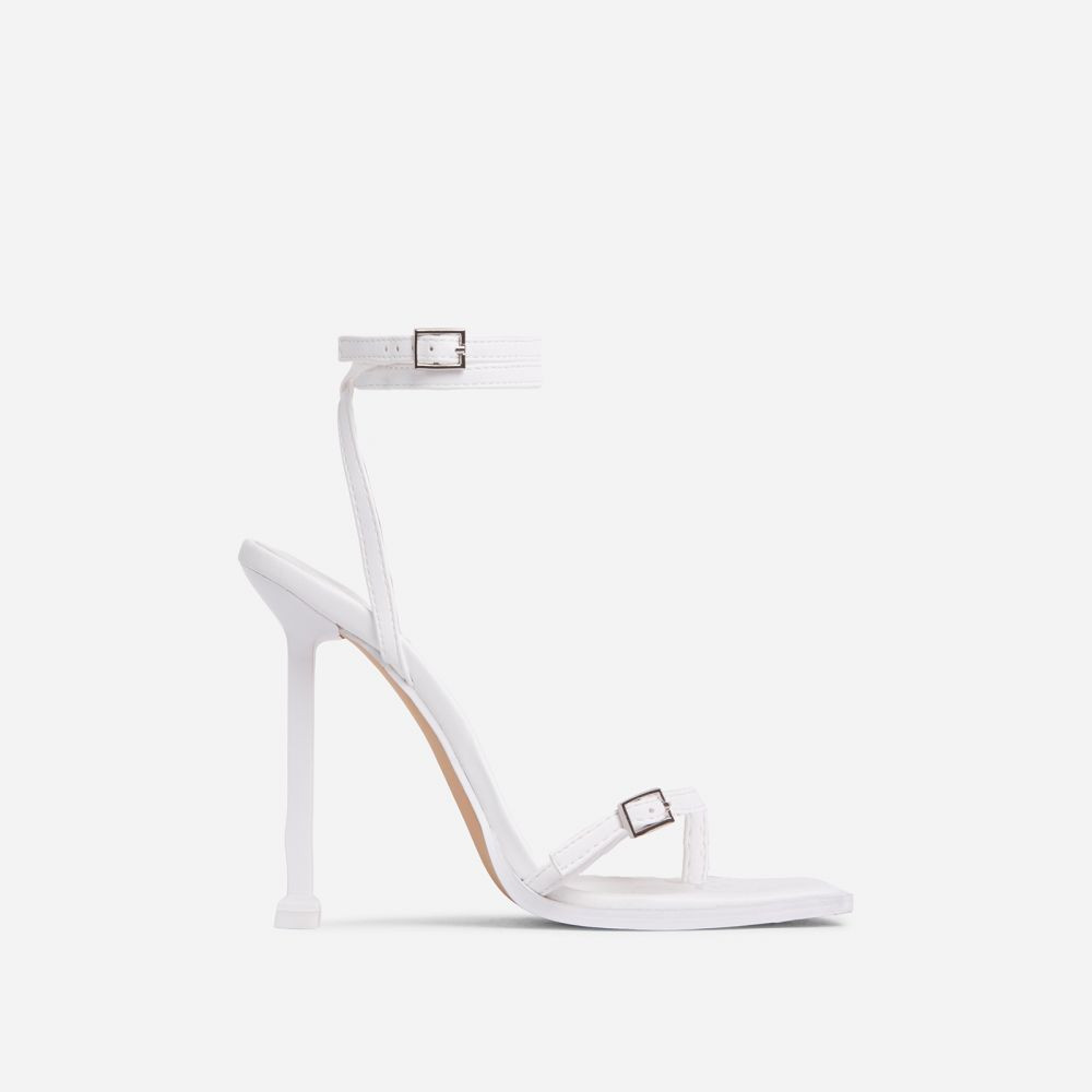 Party-Hardy Barely There Buckle Detail Square Toe Heel In White Faux Leather | EGO Shoes (US & Canada)