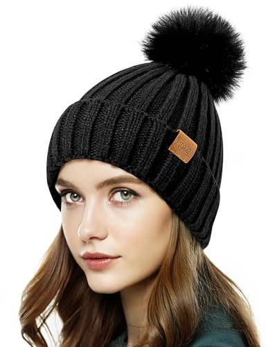 PIOZAED Womens Winter Beanie Hat Fleece Lined Warm Skull Cap with Faux Fur Pom Cuff Knitted Hat for Women Black | Amazon (US)