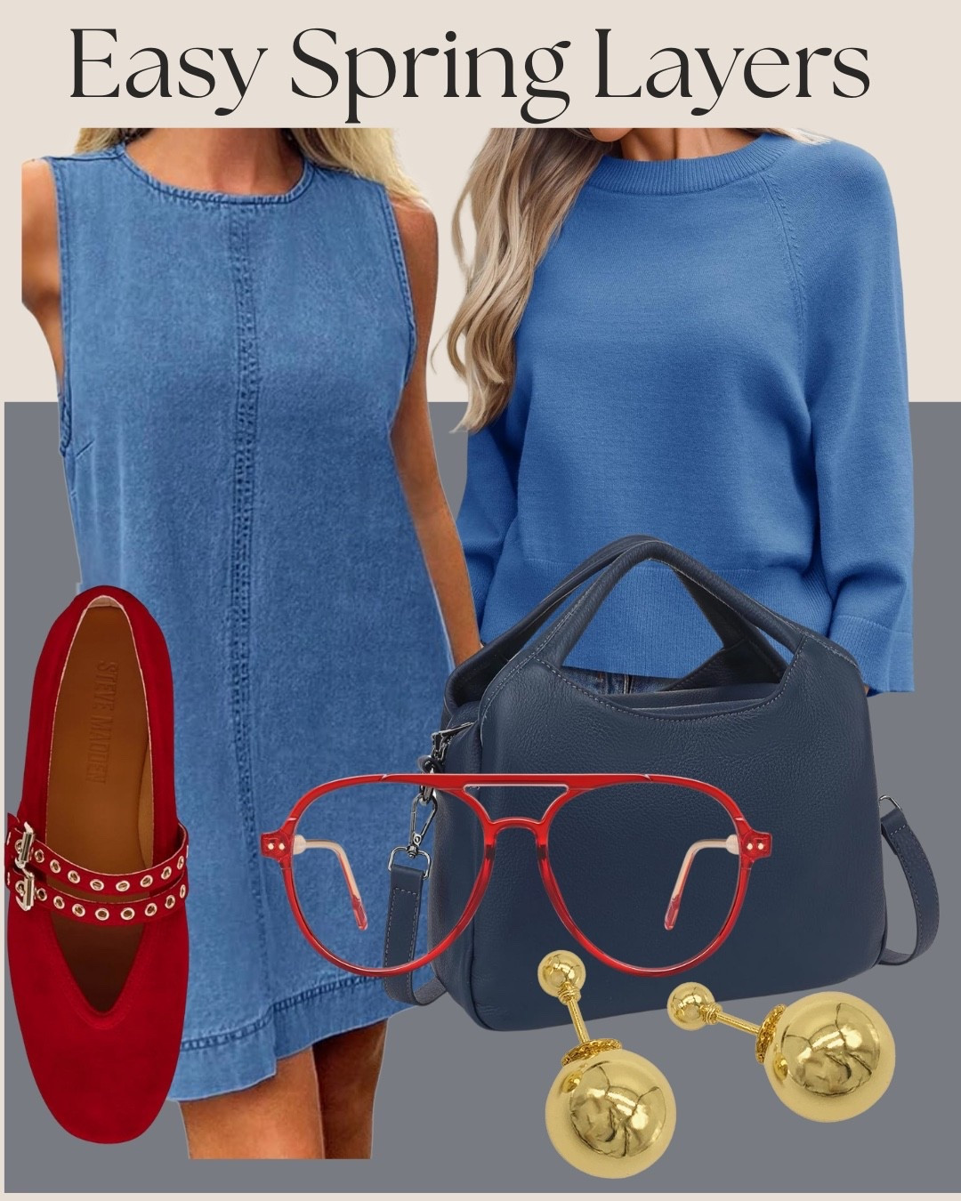 Easy spring layering outfit with sleeveless denim dress, lightweight blue sweater, red flats and structured navy handbag.
This is that simple transitional look that keeps you comfortable in changing temps while letting the red shoes and bold accessories add personality.

#LTKStyle
#LTKSpring
#LTKSeasonal
#LTKShoes
#LTKAccessories

#SpringLayers
#TransitionalStyle
#DenimDress
#EverydayOutfit
#ElevatedBasics


#LTKootd #LTKSeasonal