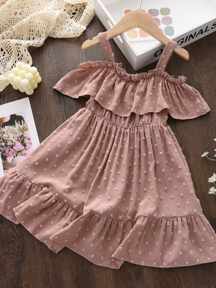 SHEIN Young Girl Swiss Dot Cold Shoulder Ruffle Hem Dress | SHEIN