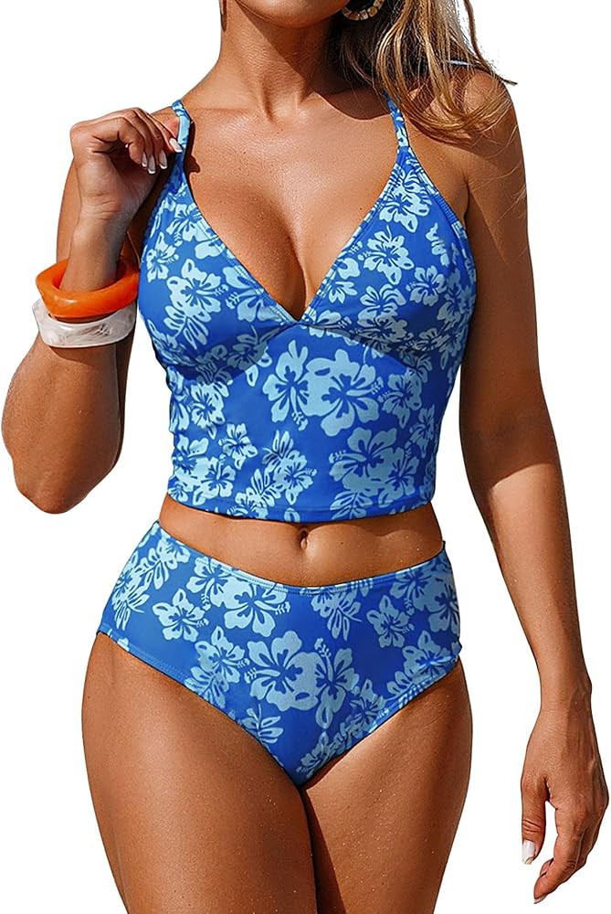 ZAFUL Women Cute Floral Tankini Swimsuit High Waisted Tankini Set Modest Full Coverage Two Piece ... | Amazon (US)