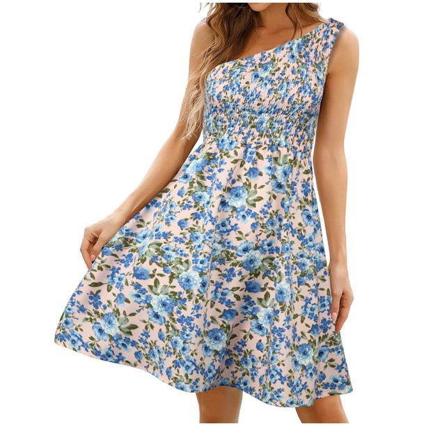 VSSSJ Summer Dresses for Women Sexy One Shoulder Boho Floral Printed Dress Sleeveless A-Line Flow... | Walmart (US)