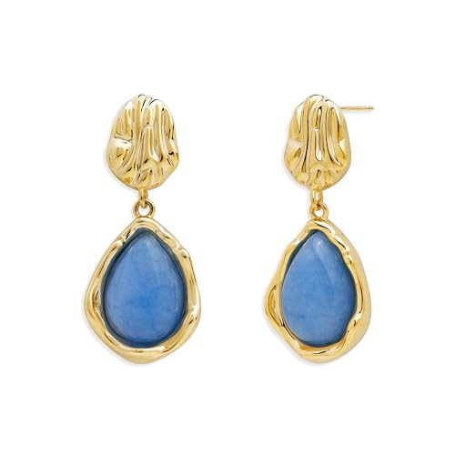 Sonateomber Gold Chunky Aquamarine Dangle Drop Earrings for Women,Statement Natural Blue Gemstones Healing Teardrop Irregular Dangling Fold Earings Prom Wedding Accessories Fashion Jewelry Gift | Amazon (US)