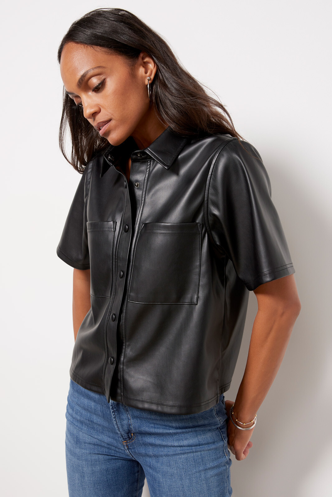 Quinn Faux Leather Shirt | Evereve