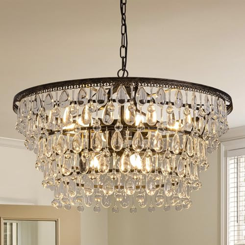 7PM Vintage Crystal Chandelier for Dining Room,28-inch Antique Crystal Ceiling Light Fixture, 5-Tier Bronze Chandelier for Living Room, Kitchen Island, Bedroom, Entryway | Amazon (US)