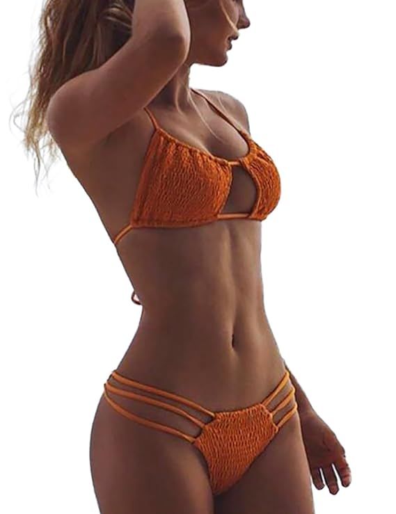 NAFLEAP Women Removable Padded Cheeky Thong Bikini Swimwear Bathing Ties Halter 2 Pieces Suit | Amazon (US)