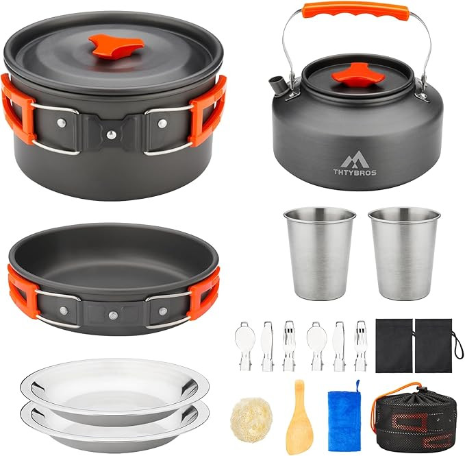 17pcs Camping Cookware Kit, 0.45Gal Pot, 7inches Pan,0.30Gal Kettle Set with 2 Set Stainless Stee... | Amazon (US)
