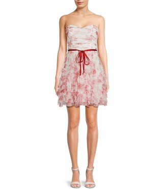Pear Culture Floral Printed Mesh Sweetheart Neck Tie Front Tiered Ruffle Dress | Dillard's | Dillard's