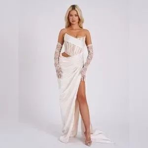 ?Callie White Lace Satin Corset High Slit Gown? | Poshmark