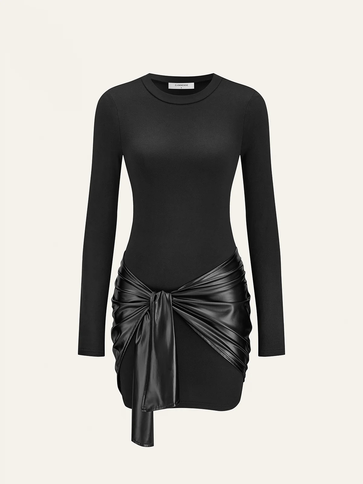 Faux Leather Paneled Knit Long Sleeve Mini Dress | Commense