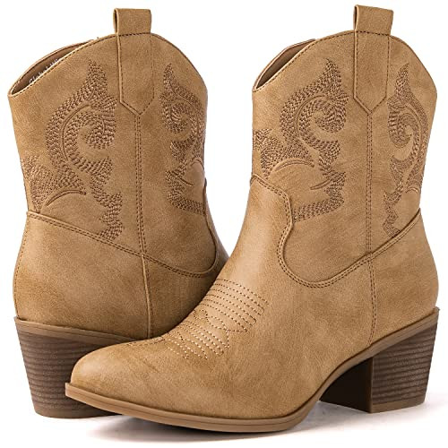 GLOBALWIN Women's Khaki Cowgirl Boots Ankle To Mid Calf Fashion Western Cowboy Boots For Women Chunky Low Heel Size 7M | Amazon (US)