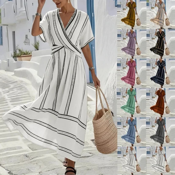 Plus Size Dresses SawvnmWomen V-Neck Short-Sleeve Wrap Waist Flared Striped Maxi Ankle Dress Gift... | Walmart (US)