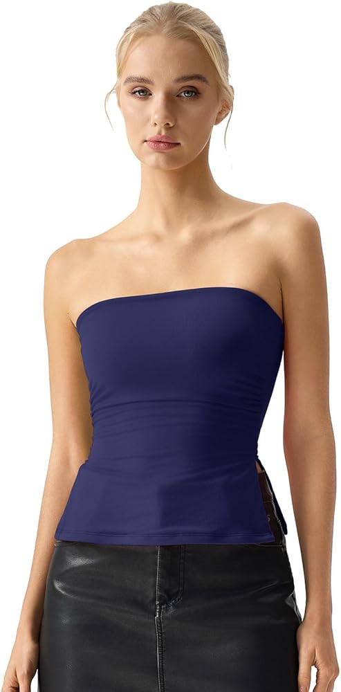 QINSEN Women's Tube Top Double Lined Side Split Strapless Bandeau Top Ruched Summer Going Out Tan... | Amazon (US)