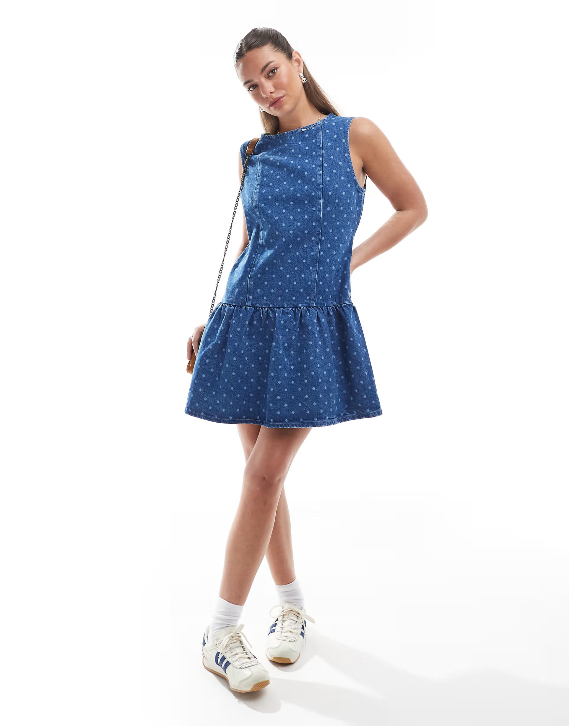ASOS DESIGN denim dropwaist mini dress in blue polka dot print | ASOS (Global)