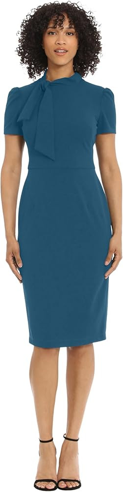 Maggy London Women's Midi Short Sleeve Sheath with Neck Tie Career Office Work Wear, Deep Lagoon | Amazon (US)