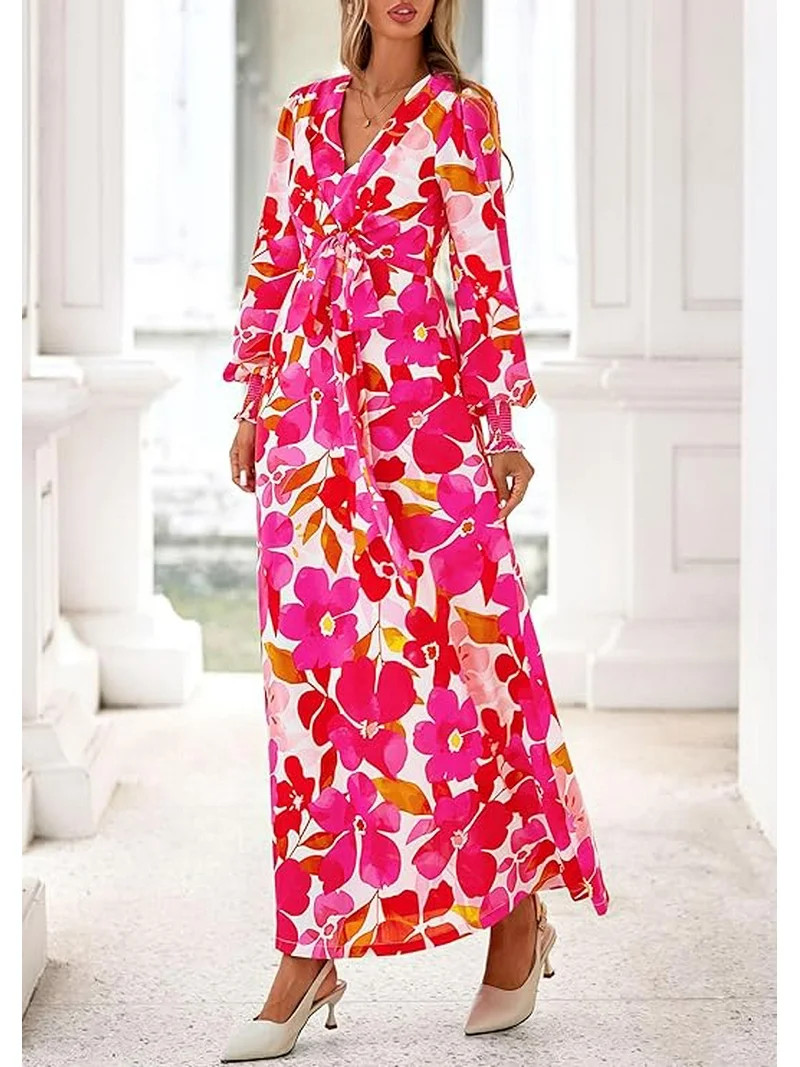 PRETTYGARDEN Women's Fall Boho Maxi Dress Floral Long Sleeve V Neck Flowy Belted Elegant Holiday ... | Walmart (US)