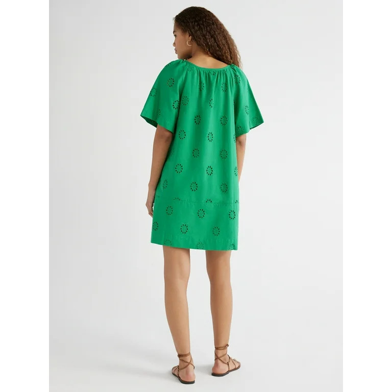 Free Assembly Women's Square Neck Eyelet Mini Dress with Short Sleeves, Sizes XS-XXL - Walmart.co... | Walmart (US)