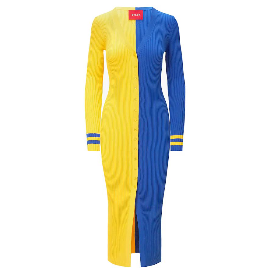 Women's Los Angeles Rams STAUD Gold/Royal Shoko Knit Button-Up Sweater Dress | NFL Shop