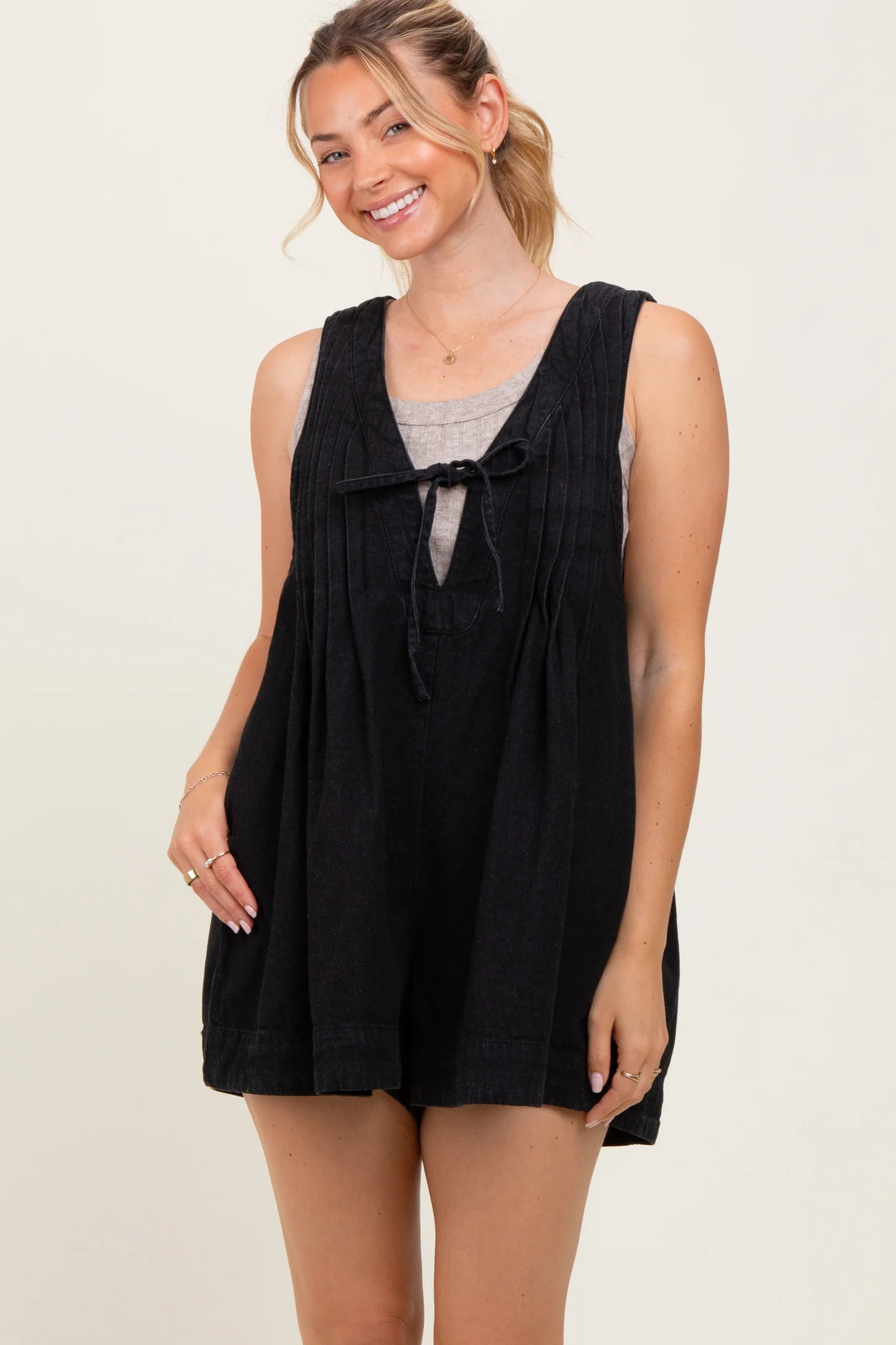 Black Deep V-Neck Pleated Front Tie Sleeveless Romper | PinkBlush Maternity