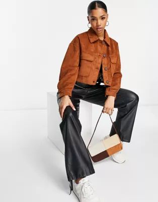 Stradivarius suedette cropped jacket in chocolate | ASOS (Global)