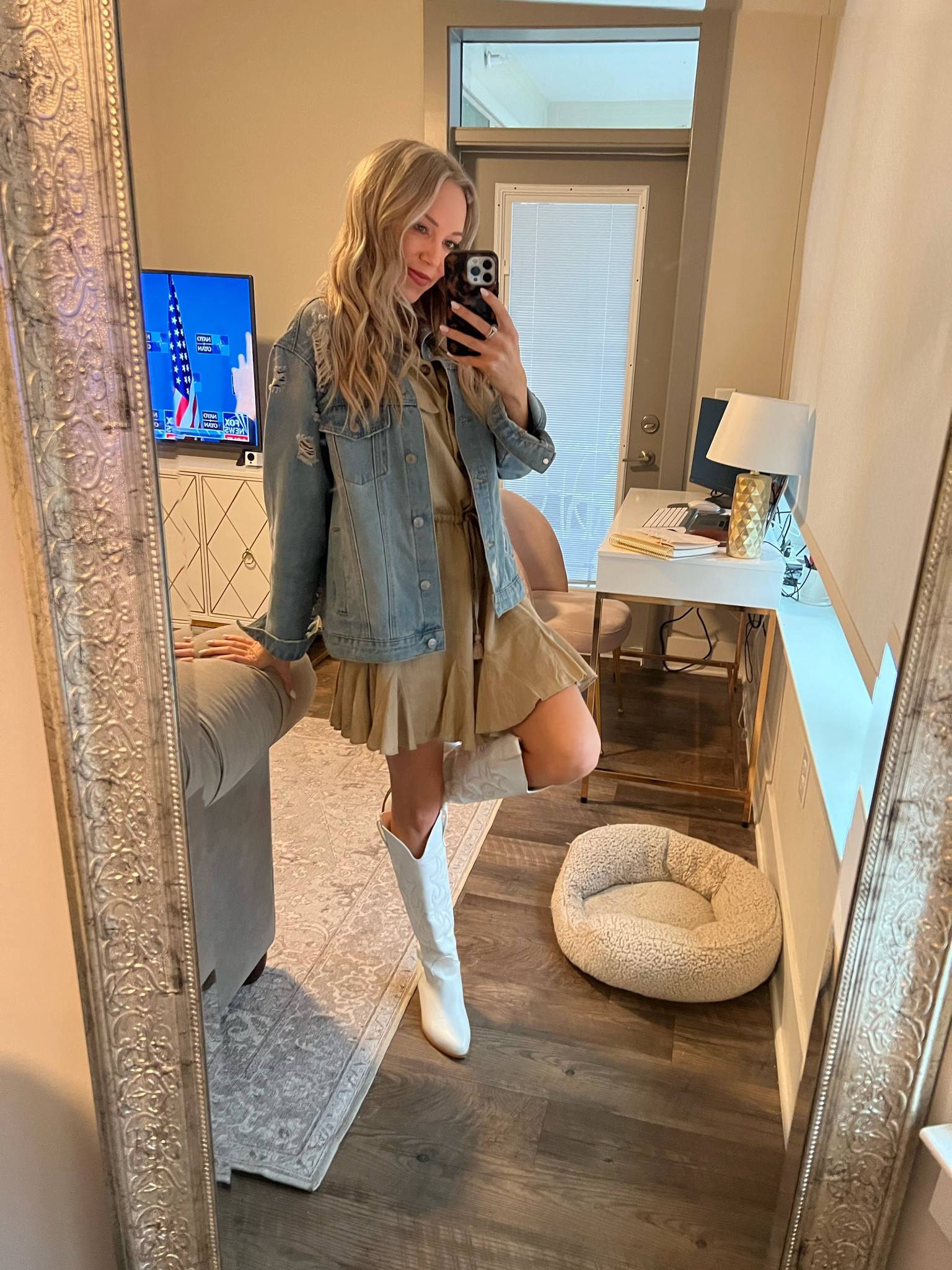 Fall outfit idea, oversized denim jacket, khaki dress, taupe dress, white cowboy boots, girls night outfit 

#LTKunder100 #LTKSeasonal #LTKshoecrush