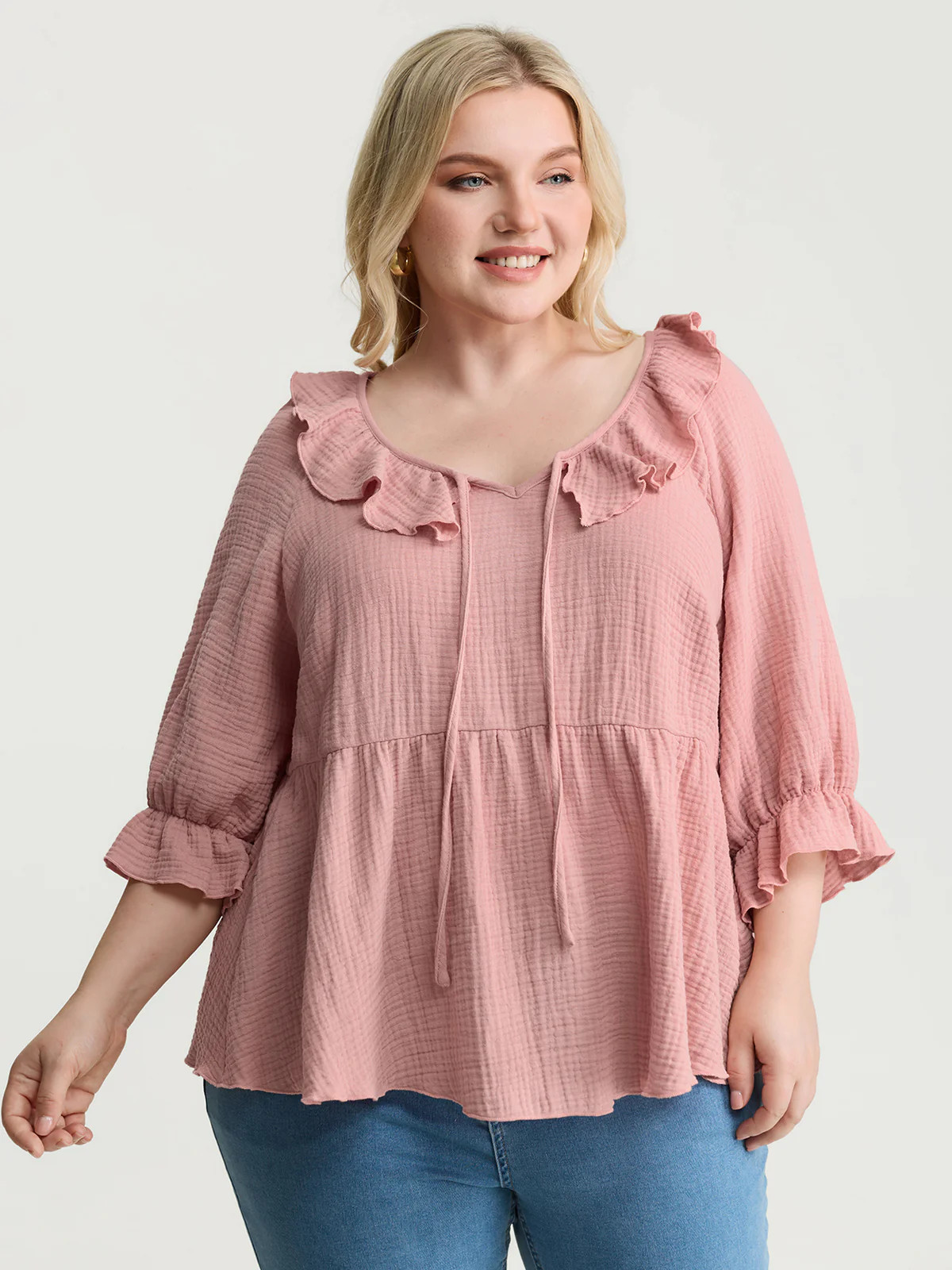 Pure Cotton Lotus Leaf Neckline Plain Blouse | Bloomchic