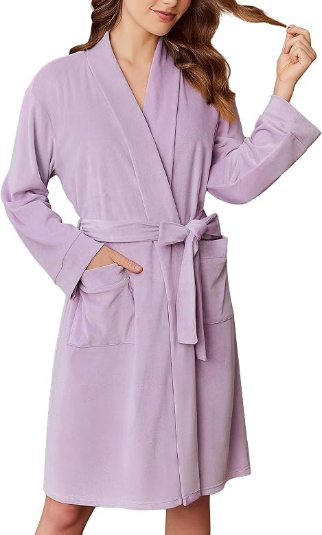 Ekouaer Women Robe Short Velour Bathrobe Knee Length Warm Plush Robe Long Sleeve Lounge Robe | Amazon (US)