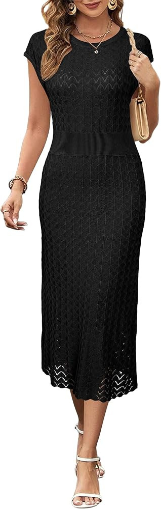 Newshows Women Summer 2025 Teacher Outfits Work Midi Boat Neck Cap Sleeve Hollow Knit Modest Busi... | Amazon (US)