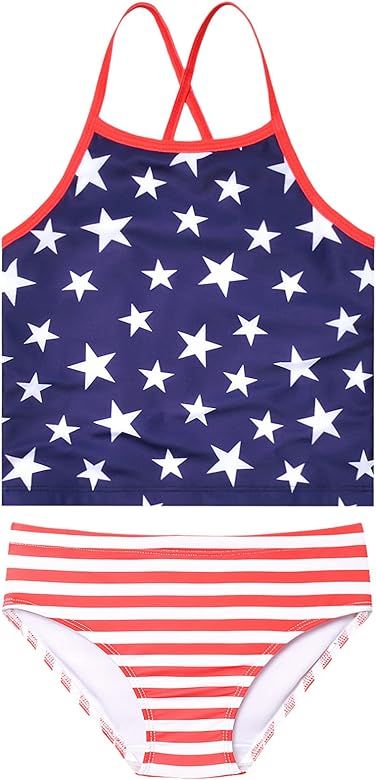 QPANCY 4th July Swimsuits for Girls American Flag Bathing Suits Kids Beach Outfit | Amazon (US)
