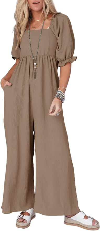 Dokotoo Women's Casual Loose Overalls Jumpsuits One Piece Short Puff Sleeves Wide Leg Long Pant R... | Amazon (US)
