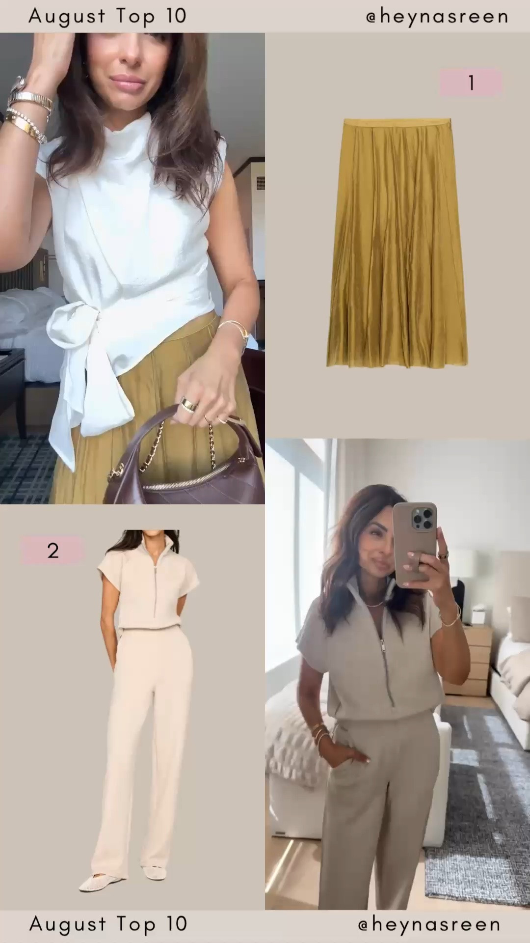 August Top 10:
#1: Zara skirt, love this color! I’m wearing my true size XS. 
#2: Spanx jumpsuit, I’m wearing my true XS petite. So comfy and also easy to use the bathroom in!