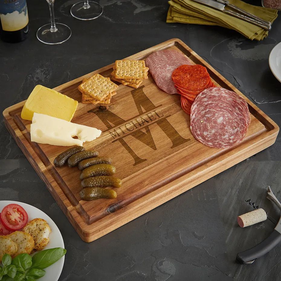 Personalized Acacia Charcuterie Board w Juice Groove (1.5in Thick) | HomeWetBar.com